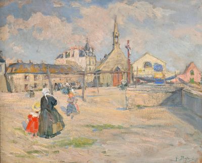 tableau représentant une femme et un enfant marchant dans une rue d'une ville