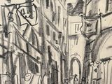 esquisses d'un dessin représentant une scène de rue avec des passants marchant dans la rue
