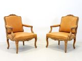 pair of louis xv style carved wood armchairs with orange upholstered upholstered upholstered