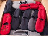 de nombreuses paires de chaussons dans une boîte posée par terre