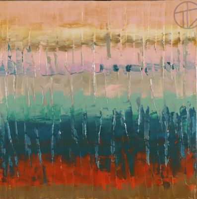 une peinture abstraite représentant un paysage rouge, bleu, vert et jaune