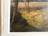 a picture of a painting of a field with trees in it