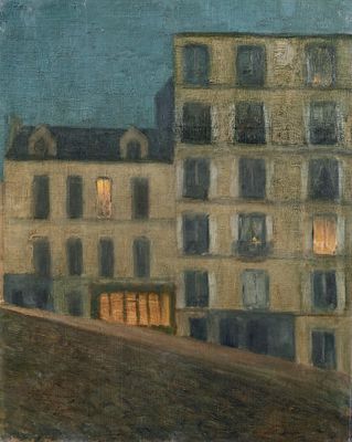 peinture représentant une ville la nuit, avec des bâtiments éclairés par les lampadaires