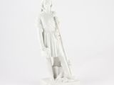 white statue of a woman with a cane and a hat on a white background