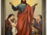 a painting of jesus standing in front of a group of people