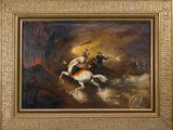 une image représentant un tableau où l'on voit un homme à cheval au milieu d'une tempête