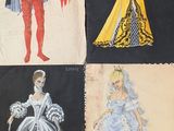 four vintage paper dolls of people dressed in different costumes
