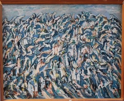 a painting of a large group of people in the water