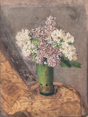 a painting of a vase of flowers on a table