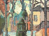 une peinture à l'huile représentant une scène de rue avec un tramway au premier plan
