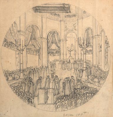 drawing of a drawing of a wedding ceremony in a church