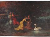 an image of a painting of two women and a swan in a lake