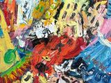 une peinture à l'huile représentant un groupe de personnes sur un fond rouge