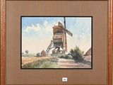 framed watercolor painting of a windmill in a rural setting
