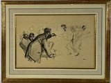 drawing of a group of people in a line on a beige background