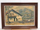 a picture of a painting of a farm scene in a wooden frame