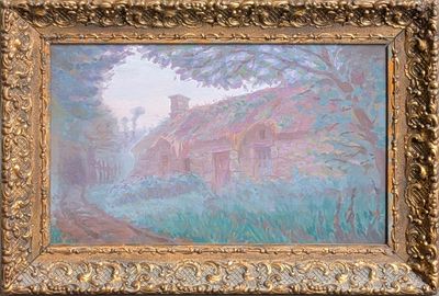 une peinture à l'huile représentant une maison dans un champ, avec un arbre au premier plan