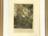 an old print of a picture of a man on a horse in a forest