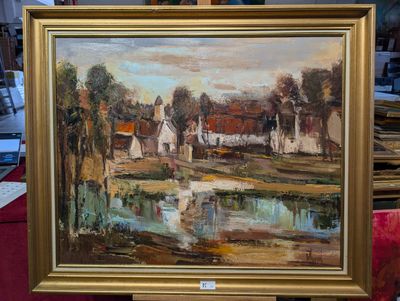 une peinture à l'huile représentant une scène de campagne avec un étang au premier plan