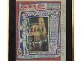 peinture représentant un homme et une femme devant une image d'un bâtiment