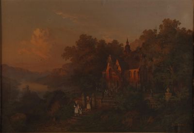 l'image d'un tableau représentant un paysage avec un château au loin