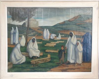une peinture représentant un groupe de personnes dans un champ