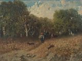 a painting of a group of people riding horses in a field