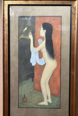 painting of a nude woman holding a bird in her hand