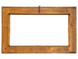 an old wooden frame hanging on a wall with a white background
