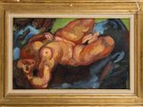 an oil painting of a nude woman laying on a blue blanket