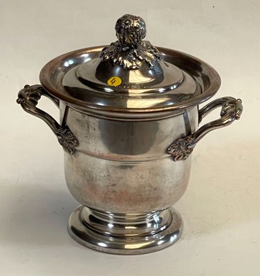 a silver vase with a lion head on it