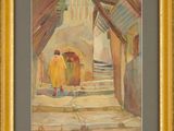 an image of a painting of two people walking down a street