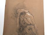 an old drawing of a man sitting on a chair with his head in his hands