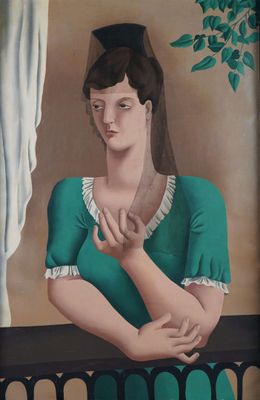 painting of a woman in a green dress sitting on a balcony