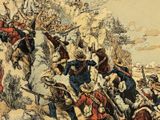 illustration of a group of men on horseback in a rocky area