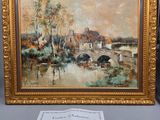 une peinture à l'huile représentant un pont au-dessus d'une rivière, avec une feuille de papier à côté