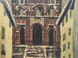 une peinture à l'huile représentant un bâtiment avec un escalier qui y mène
