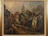 une peinture à l'huile représentant une scène de rue avec une église à l'arrière-plan