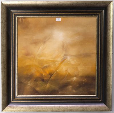 an oil painting of a landscape with a yellow sky in the background