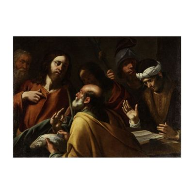 tableau représentant un groupe de personnes assises autour d'une table, parmi lesquelles un homme tenant un livre