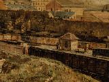 an image of a painting of a train on a track near a town