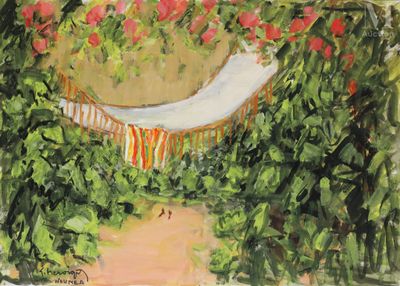 un tableau représentant un hamac au milieu d'un jardin