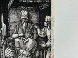 a black and white drawing of a man and a woman in a barn