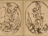 two drawings of a man holding a sword and a woman on a boat