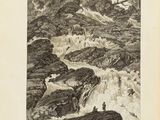 an old black and white drawing of a man standing on a mountain