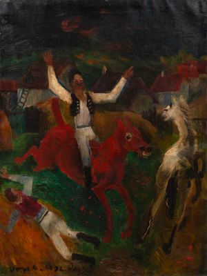 painting of a man riding a horse in a field with other people
