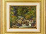 un tableau représentant un ruisseau dans une forêt, avec des rochers et des arbres