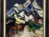 an oil painting of a mountain with a full moon in the background