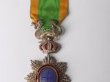 a close up of a medal on a white surface with a green ribbon