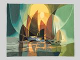 un tableau représentant un voilier sur l'eau au coucher du soleil